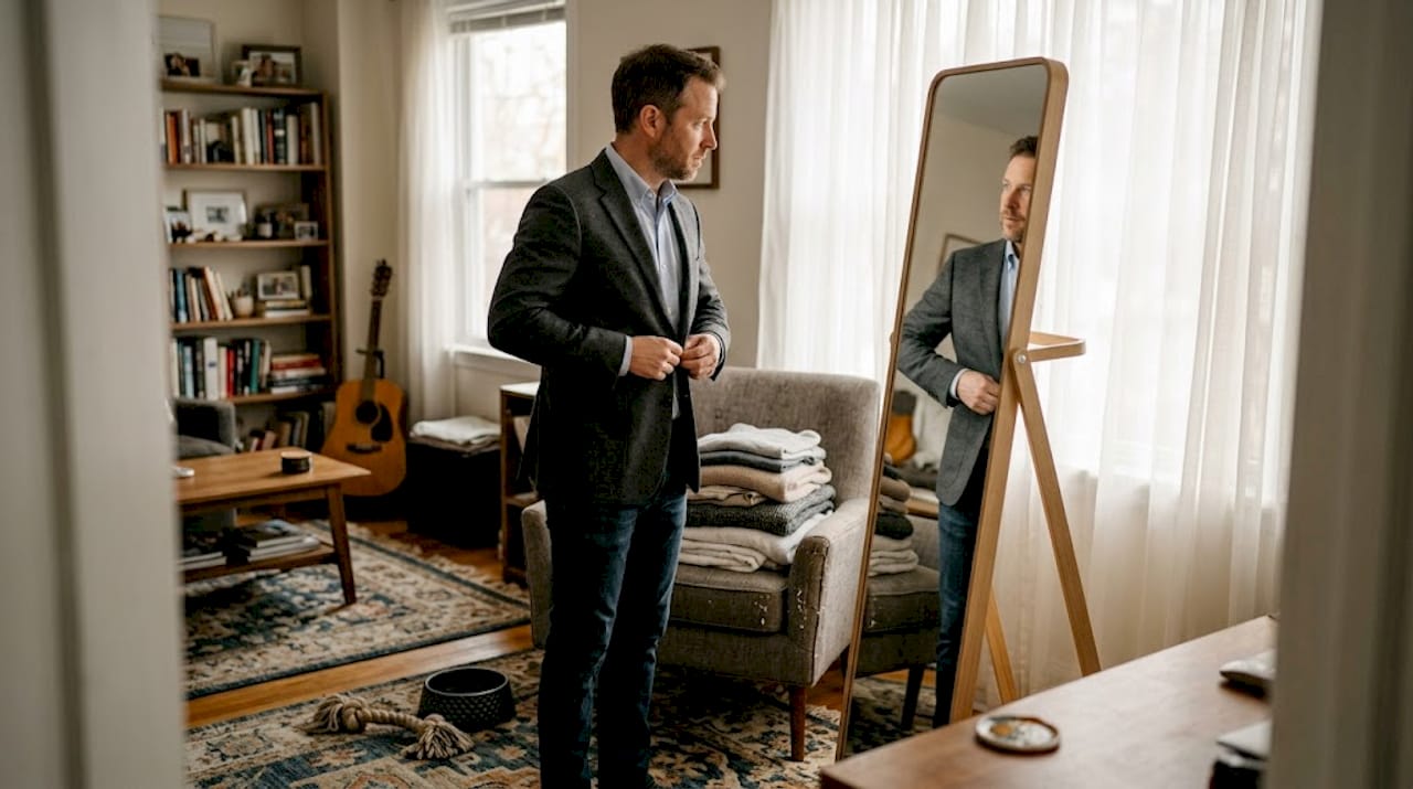 Man checks jacket fit in living room