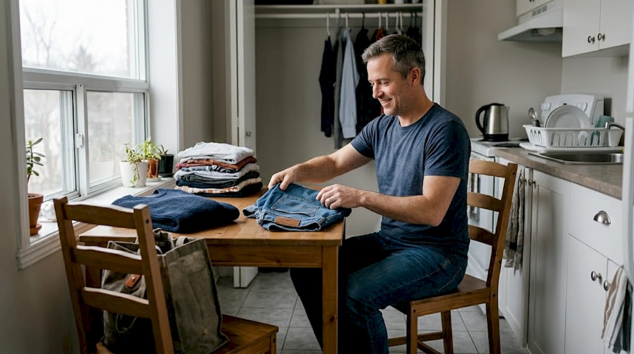 Man folding clothes supporting wardrobe sustainability