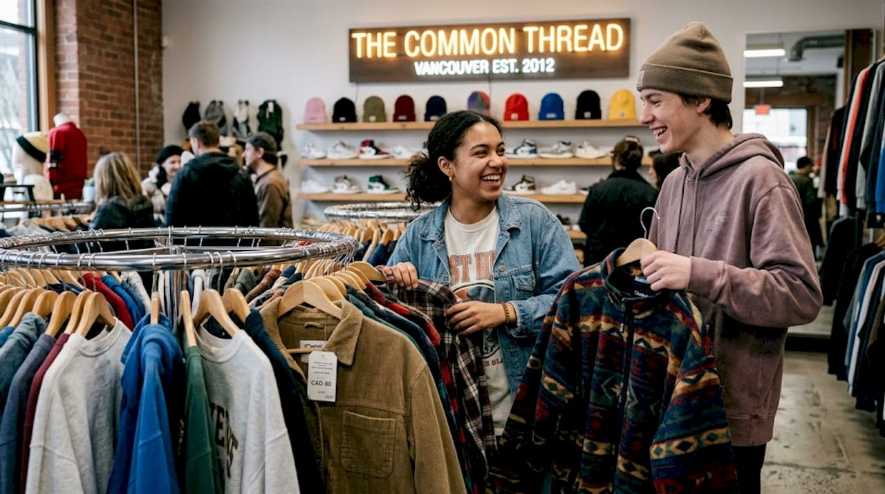 Teen shoppers browsing trendy clothing racks