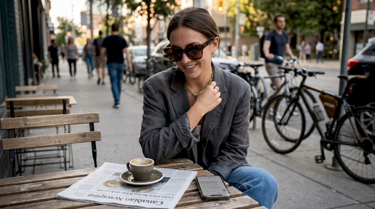 Woman styling trendy accessories at city café