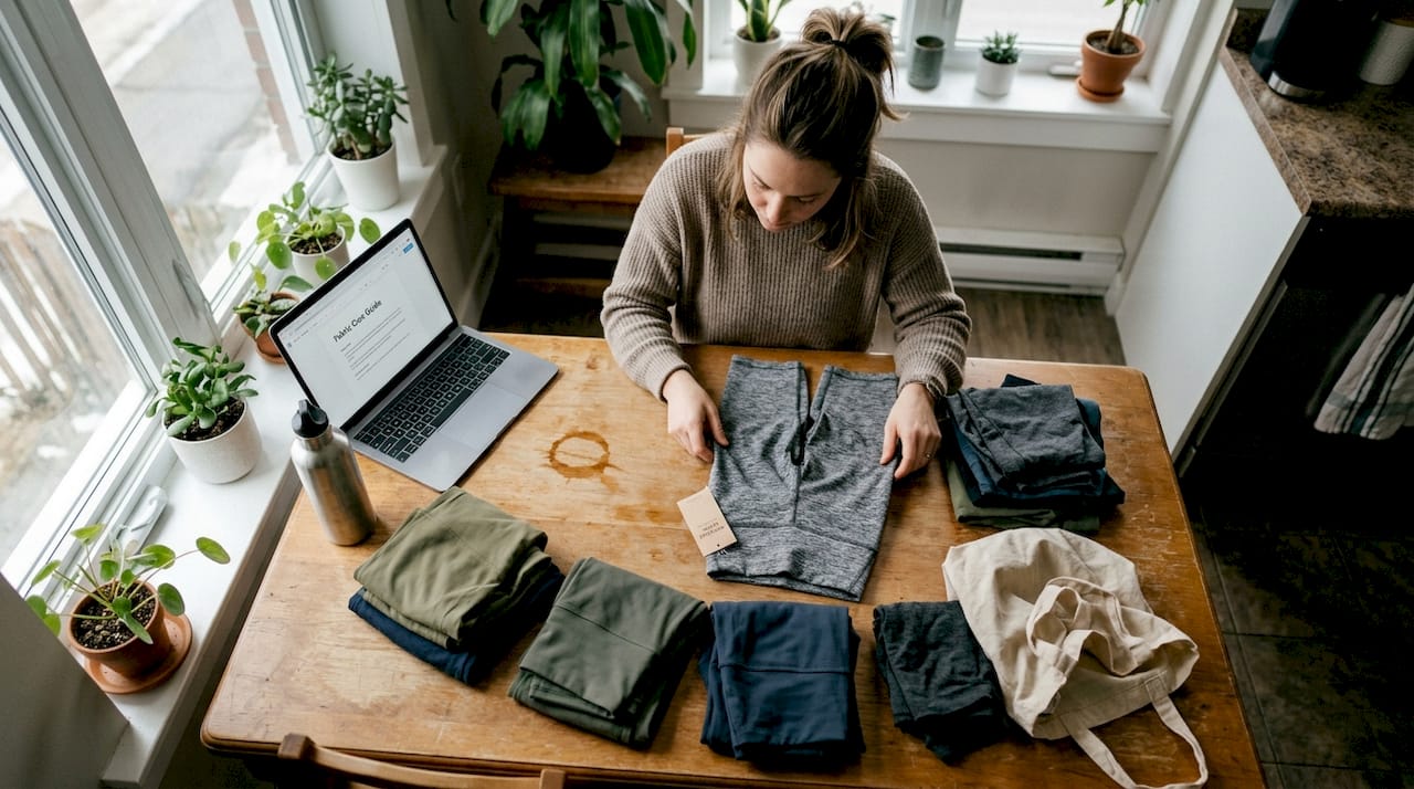 Woman sorting athleisure fabrics at kitchen table
