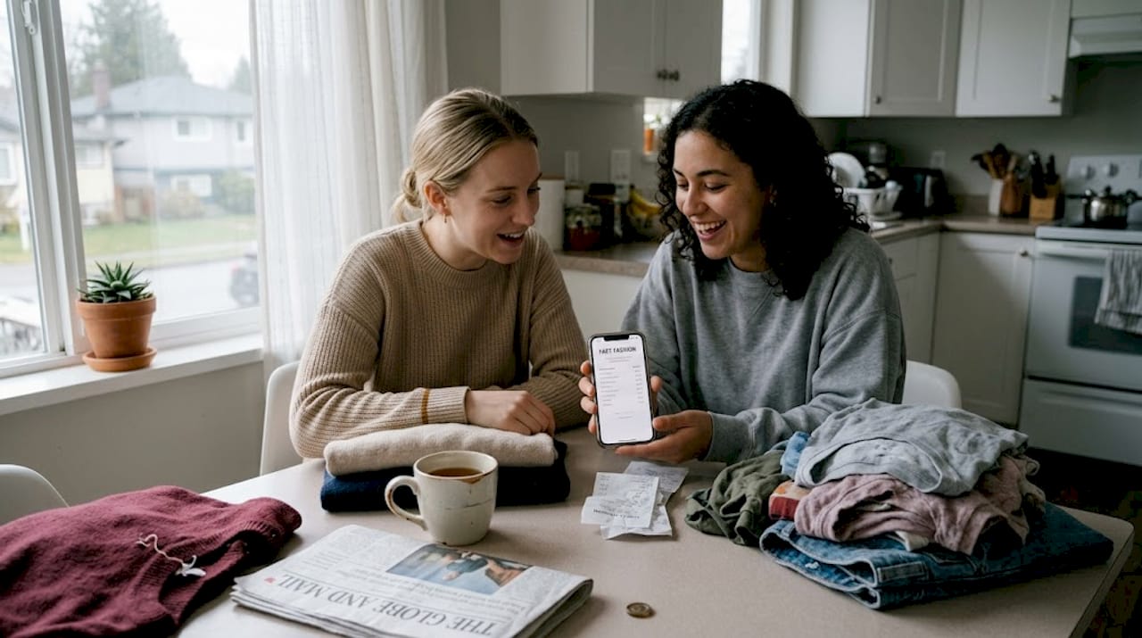 Friends compare basics and fast fashion items