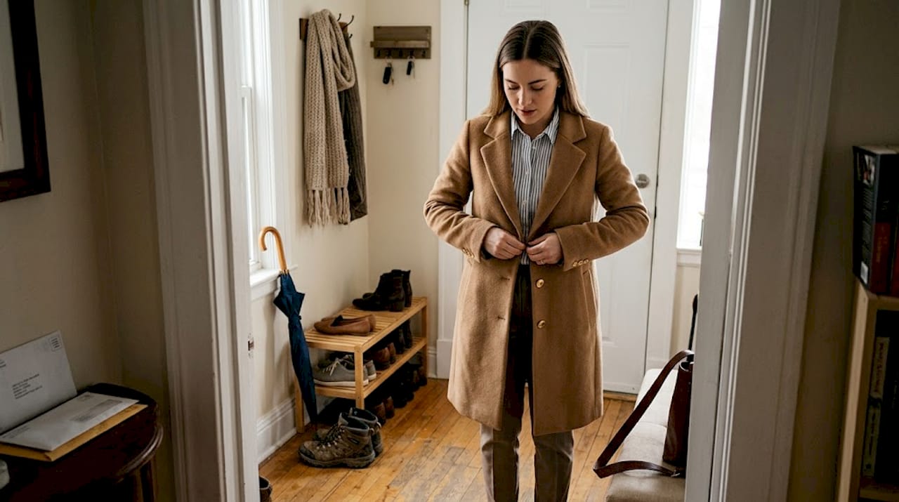 Person buttoning plush lapel coat in entryway