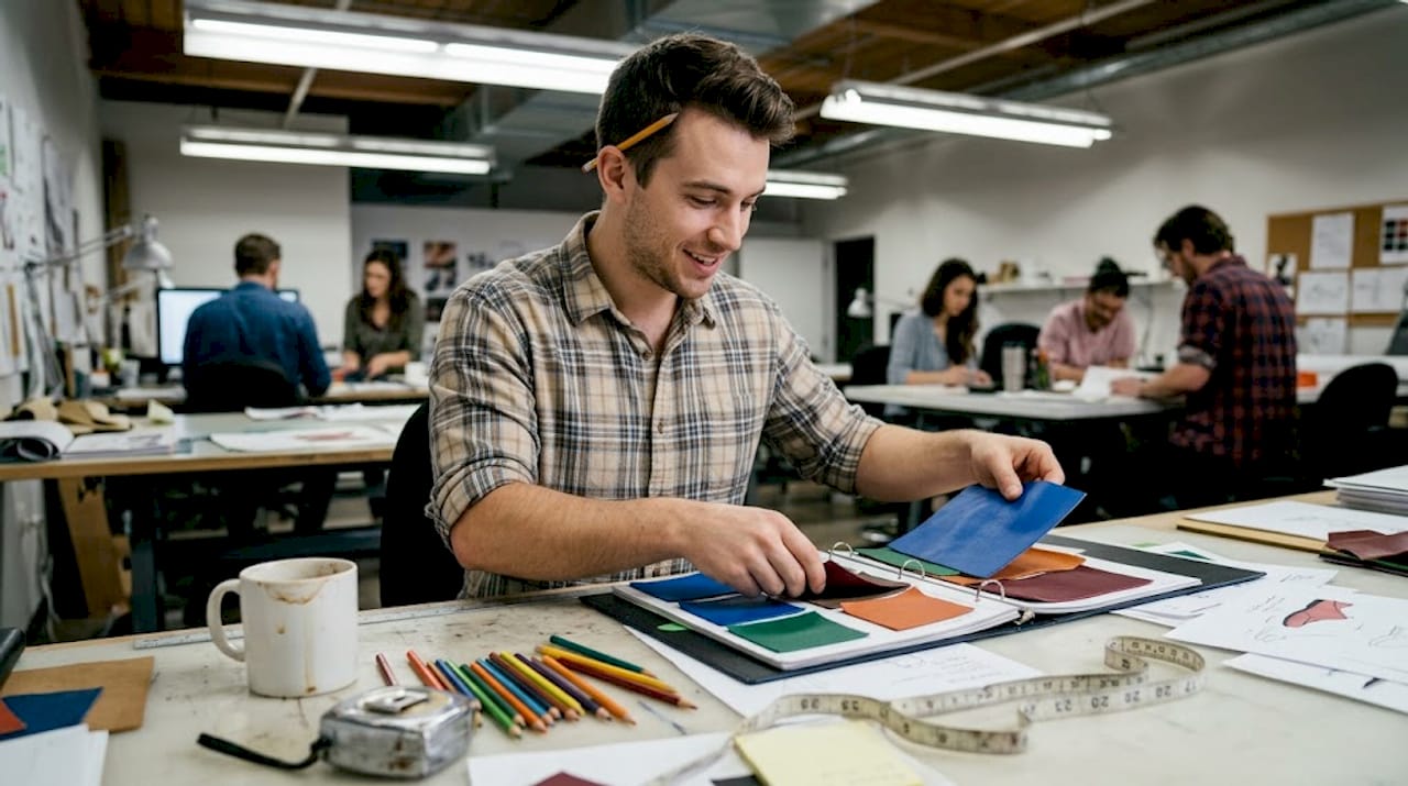 Designer sorting colorful vegan leather swatches in studio