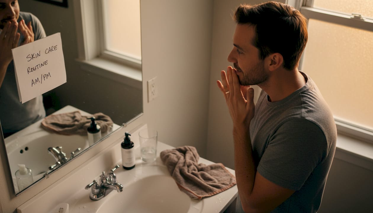 Man following cellness skincare routine at sink