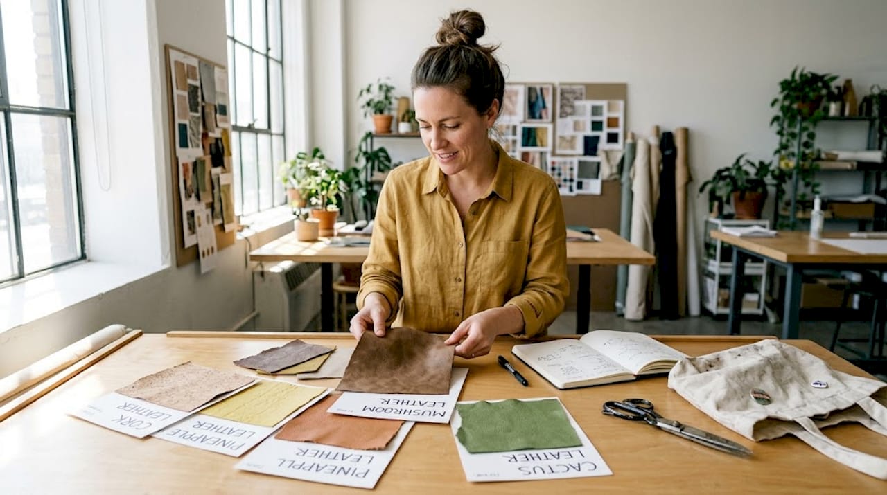 Designer sorting plant-based vegan leather swatches