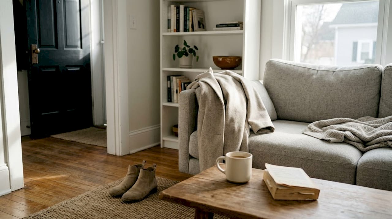 Tailored coat on sofa with daily essentials