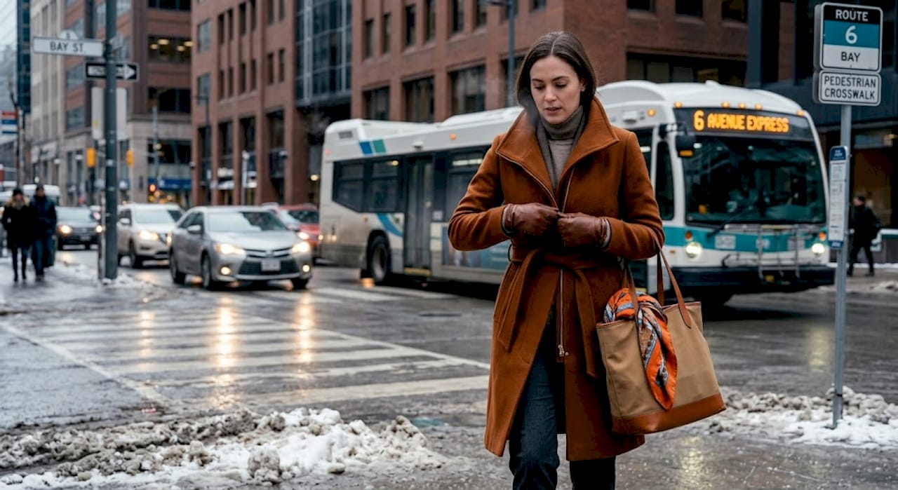 Woman bundling up in winter coat on city street