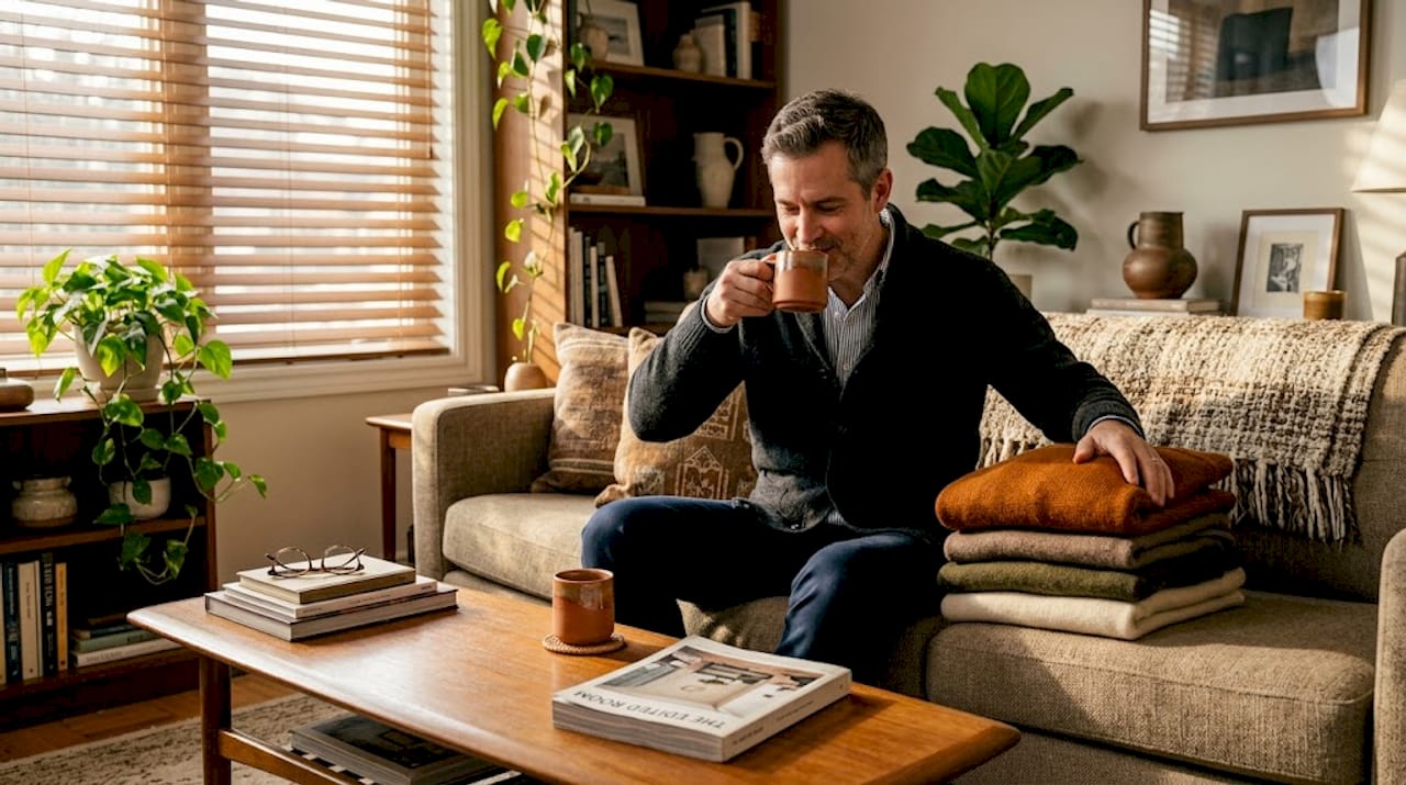 Man folds sweaters in cozy living room