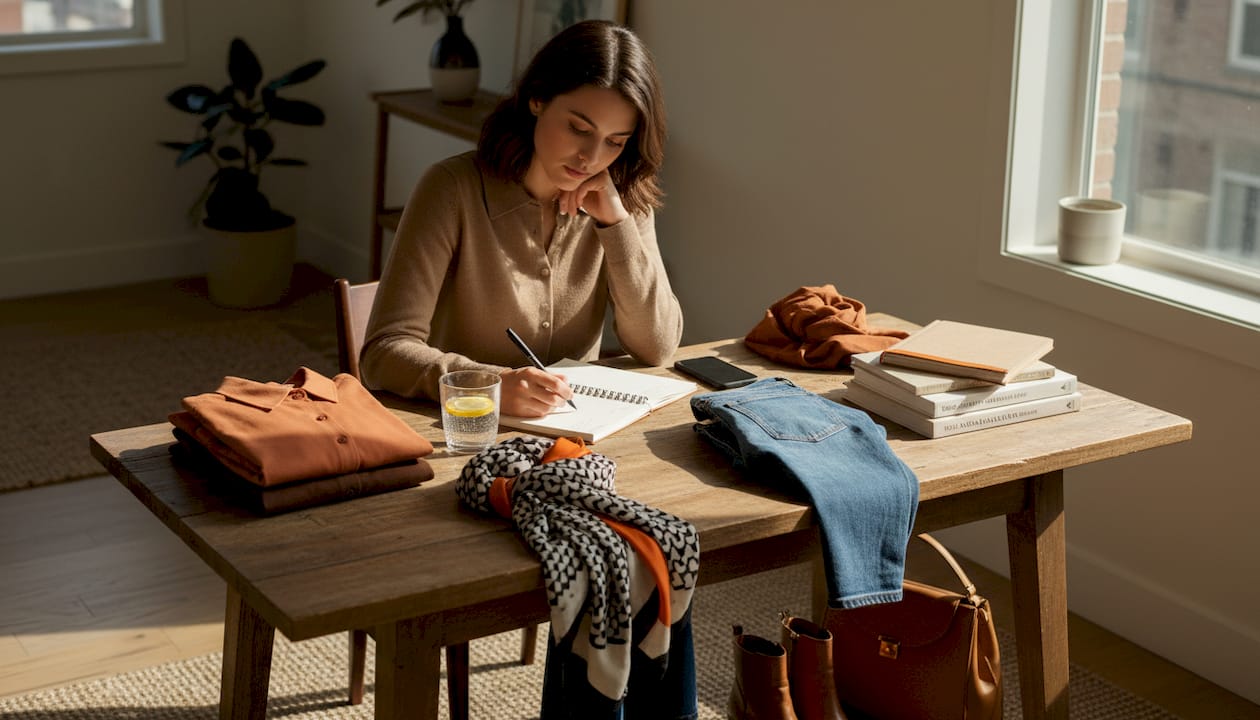 Woman planning capsule wardrobe at home