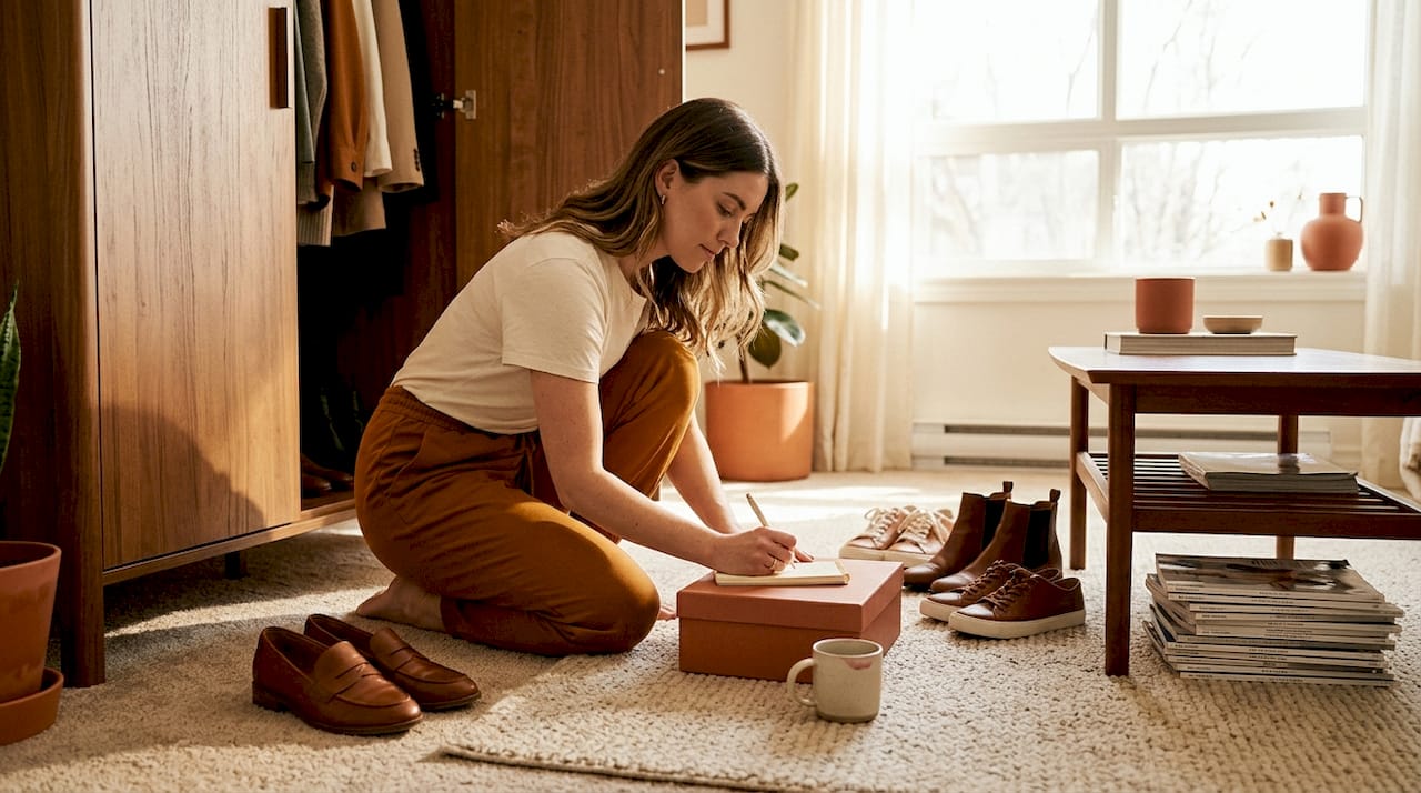 Woman grouping shoes by type in living room
