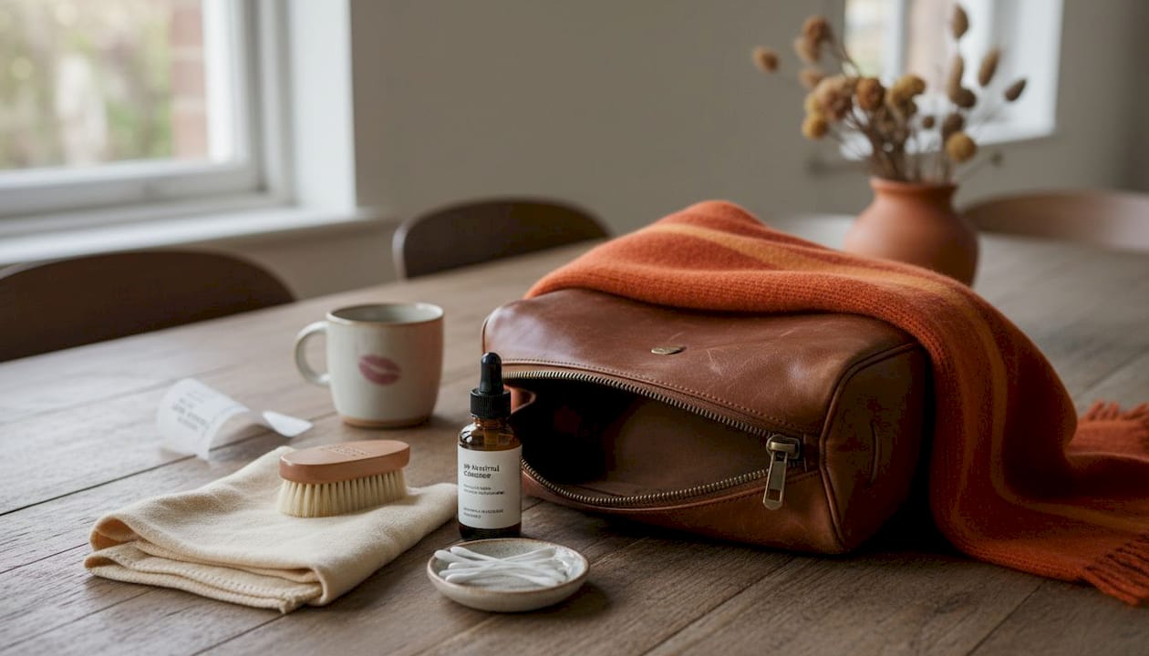 Handbag care supplies on dining room table