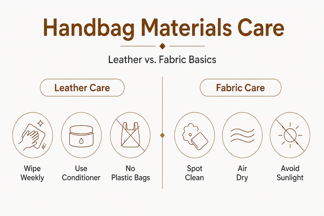 Infographic comparing leather and fabric handbag care