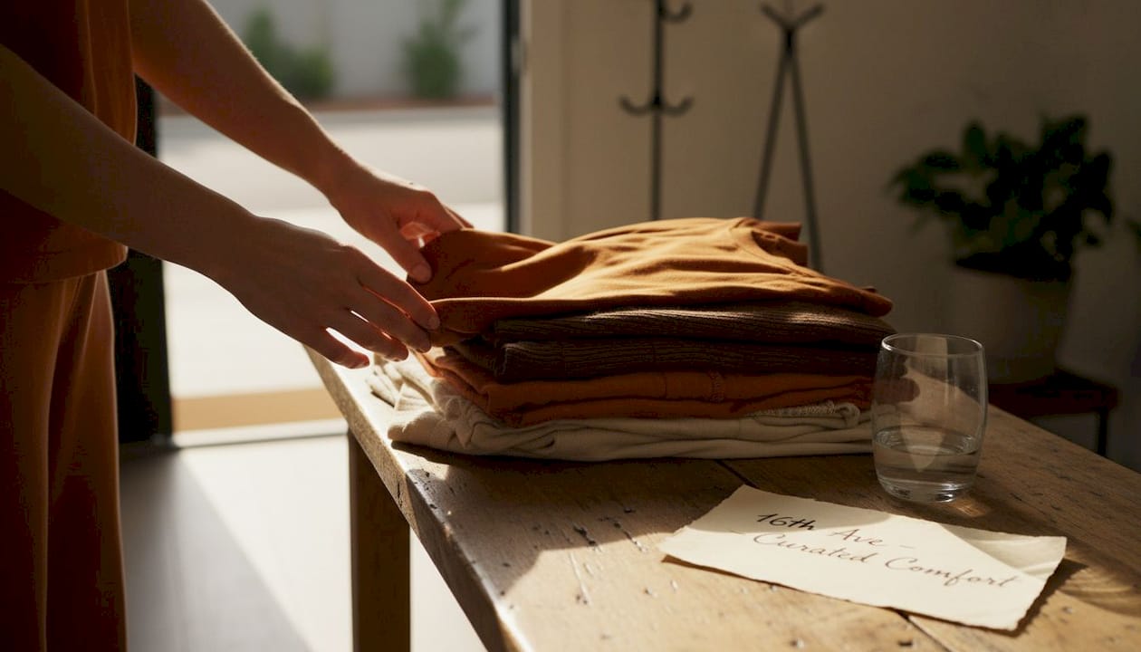 Hands touch soft loungewear fabrics at entry
