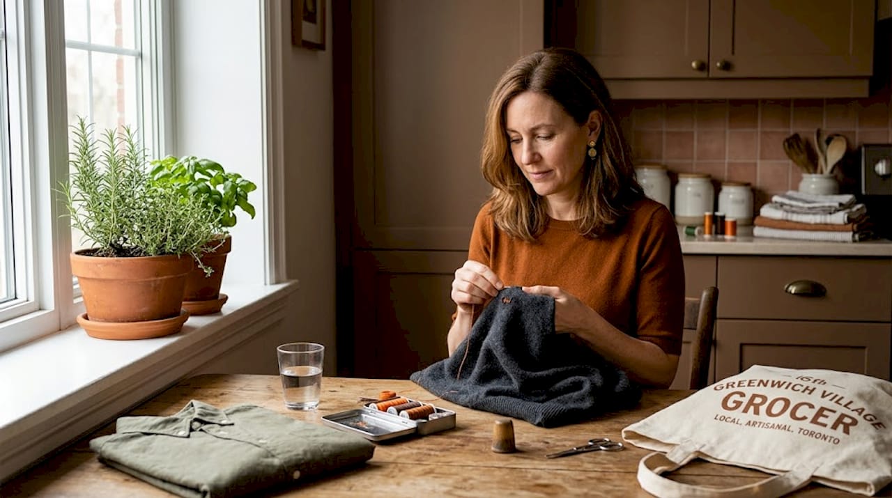 Woman mending sweater in cozy kitchen