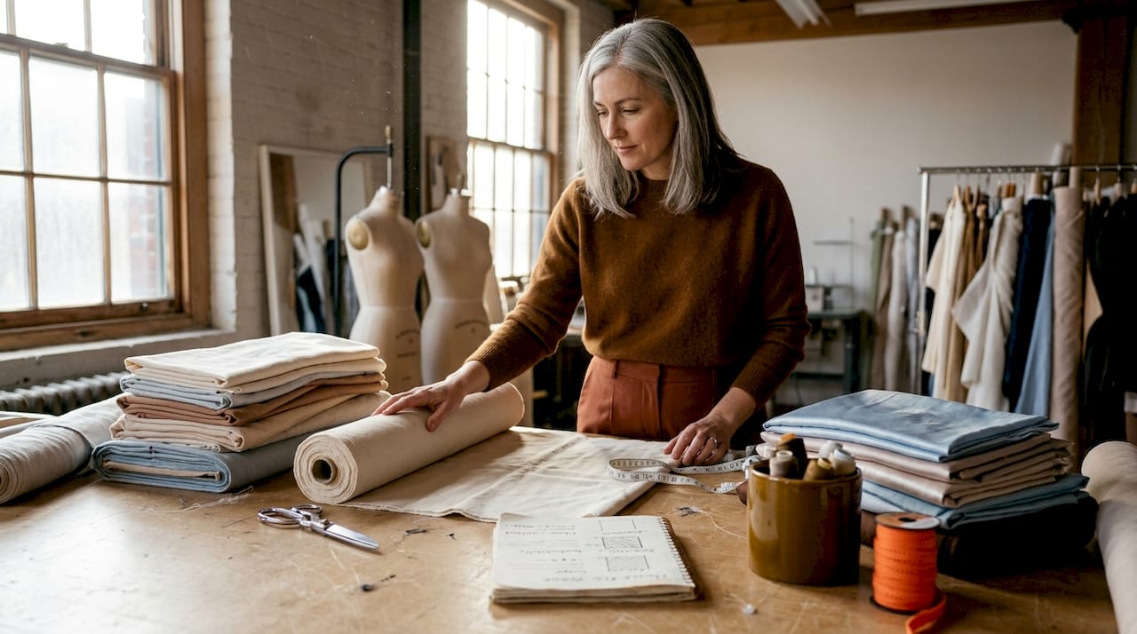 Designer comparing natural and synthetic fabrics