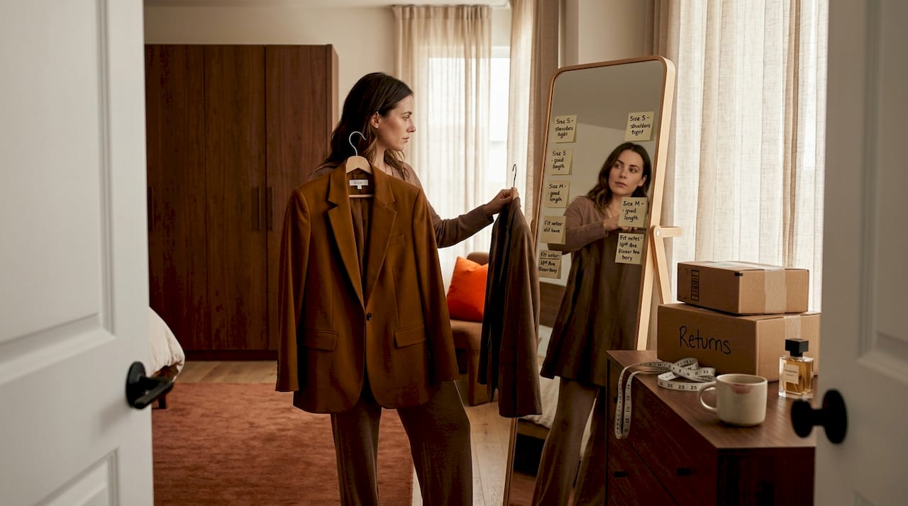 Woman comparing jackets for fit at home