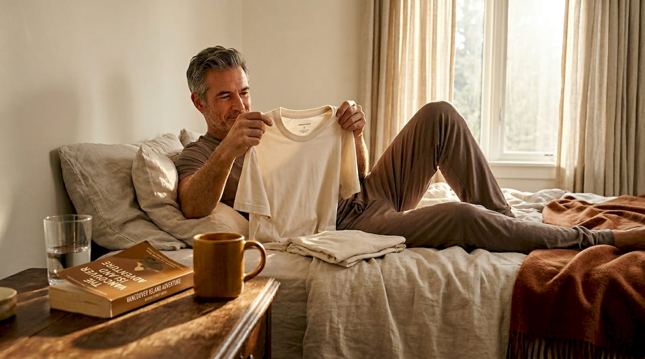 Man dressing in gentle, natural fibre clothing