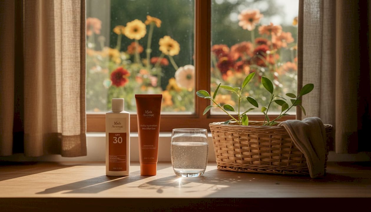 SPF and moisturizer on lived-in bathroom counter