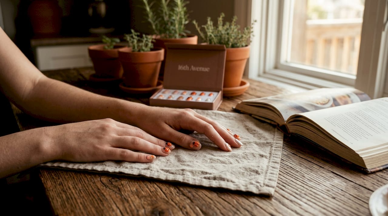 Hands displaying 3D ladybug nail designs