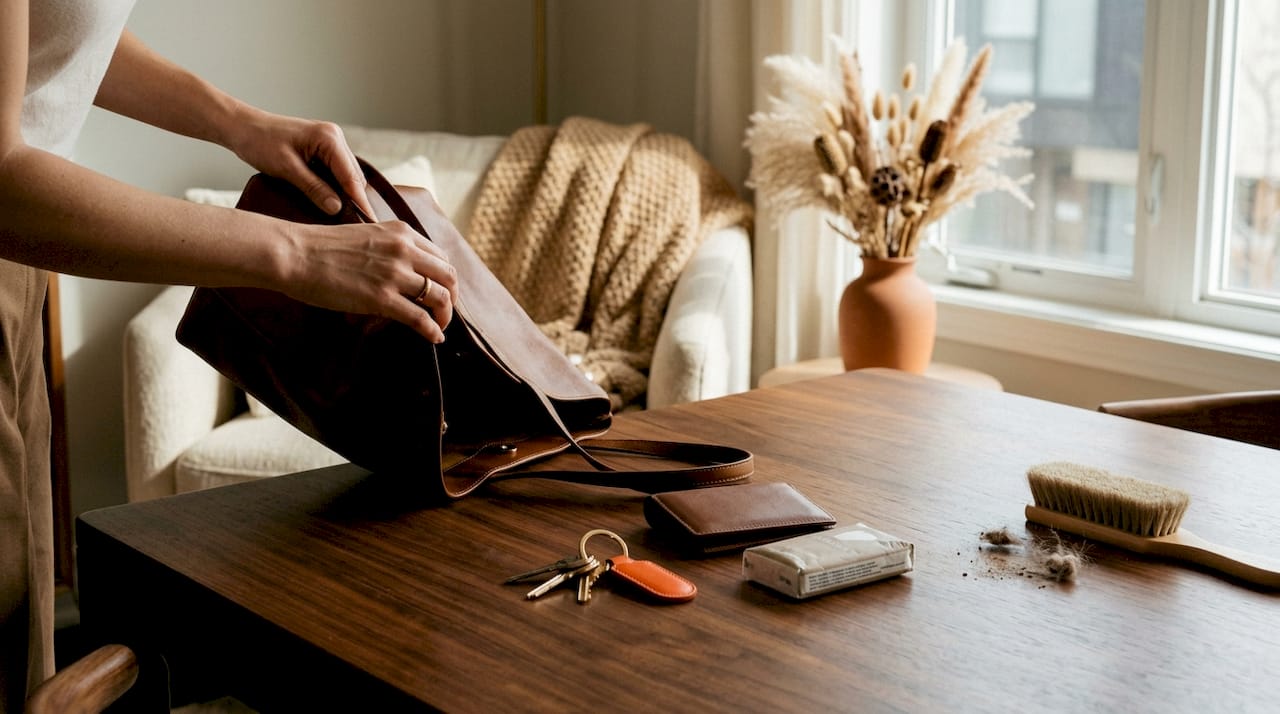 Hands emptying and dusting leather purse