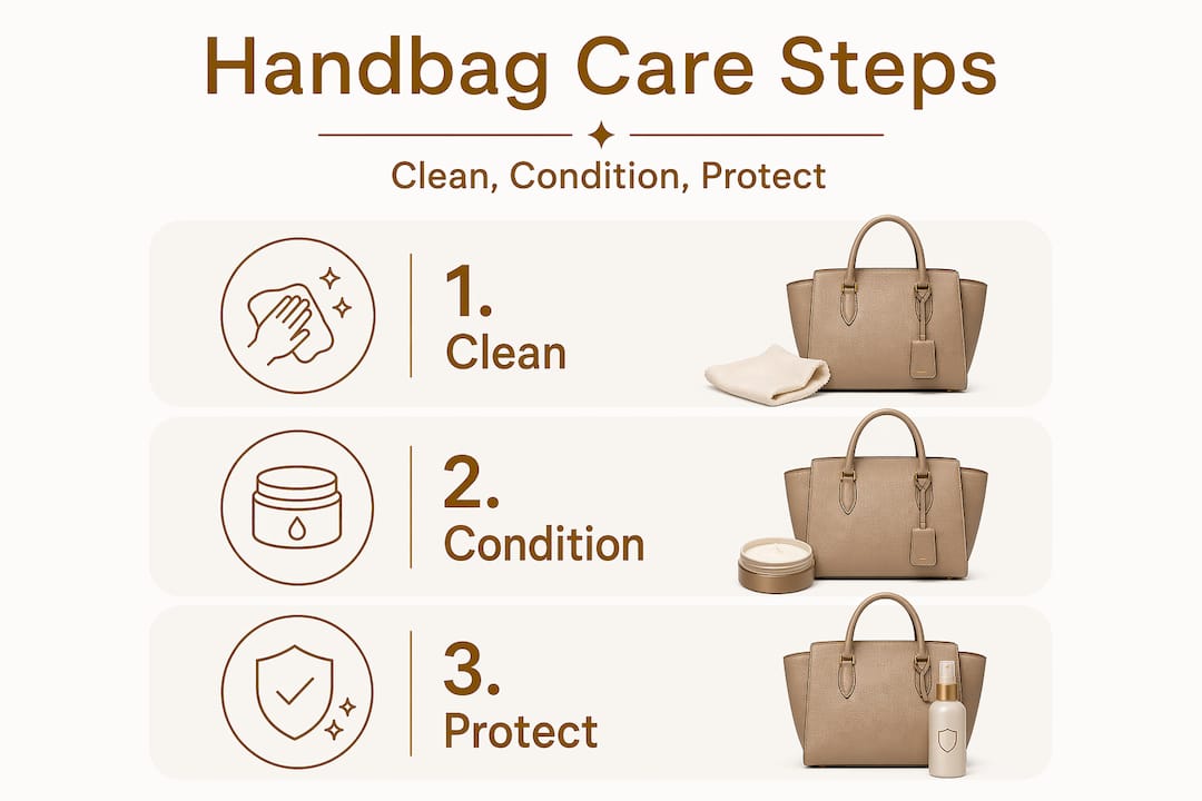 Infographic showing three handbag care steps