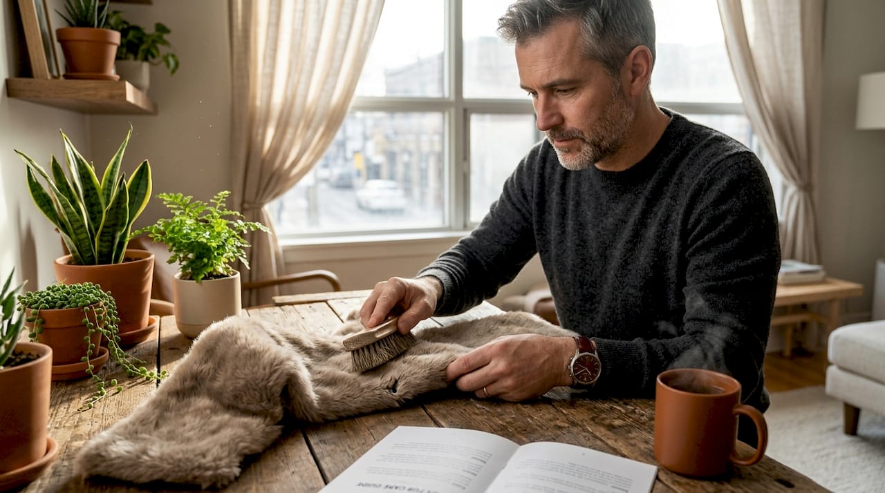 Man cleaning faux fur scarf at dining table