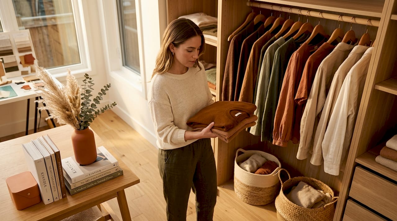 Woman sorts natural organic garments in closet