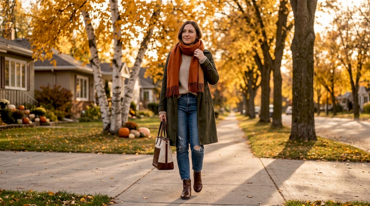 Woman in layered fall outfit walking city street