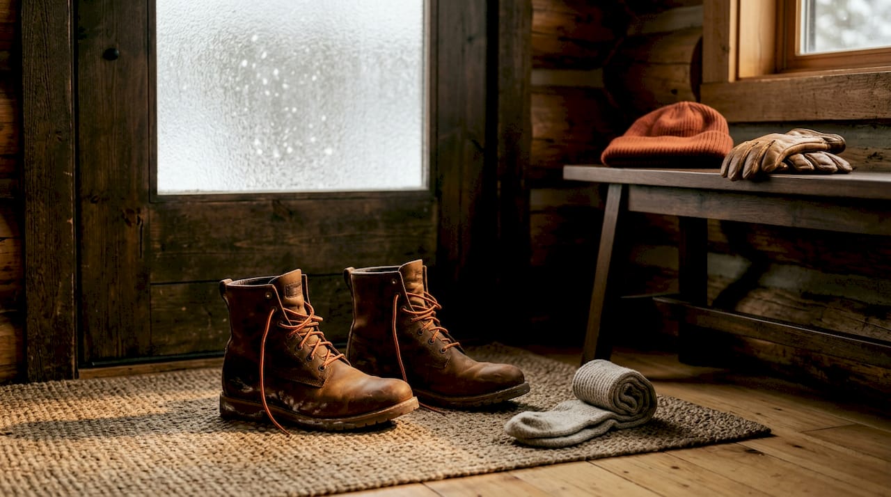 Insulated winter boots by apartment door