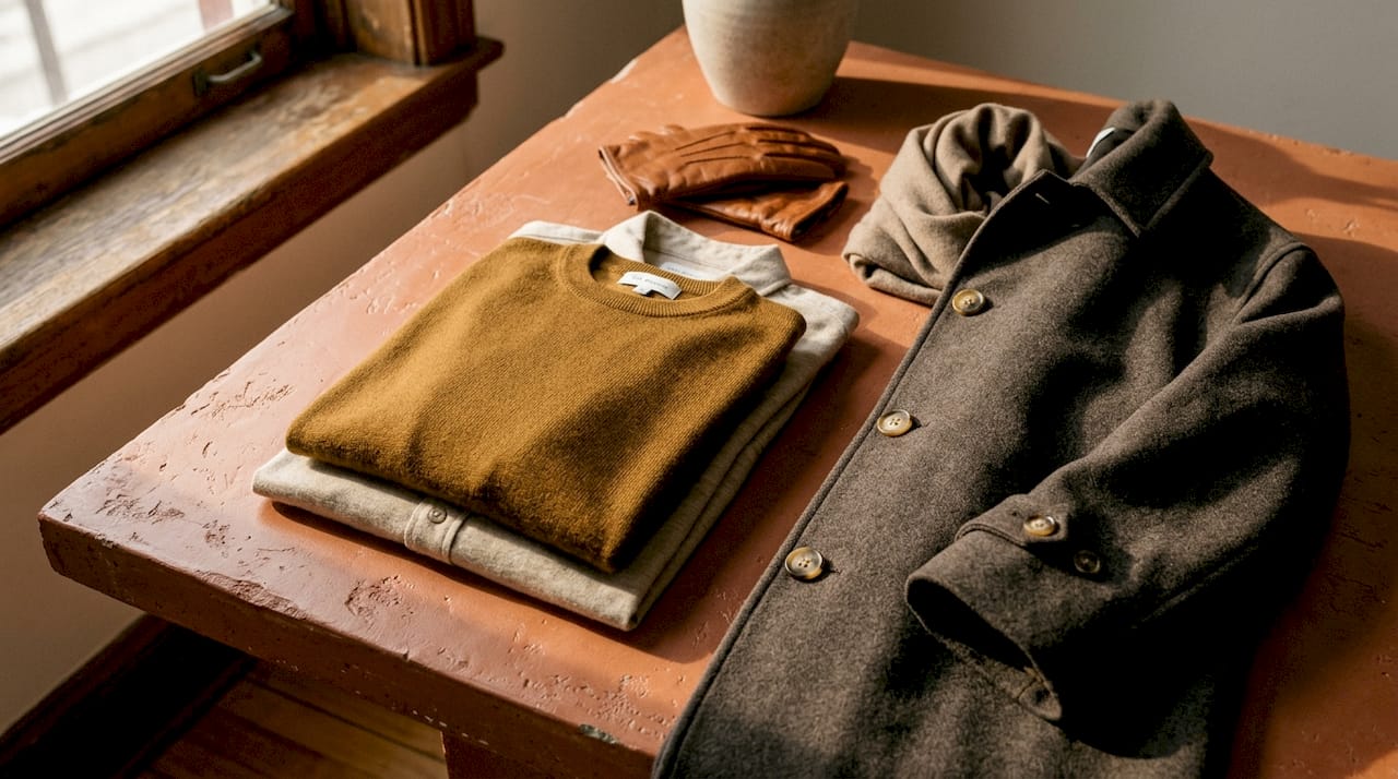 Flat lay of three-layer clothing system