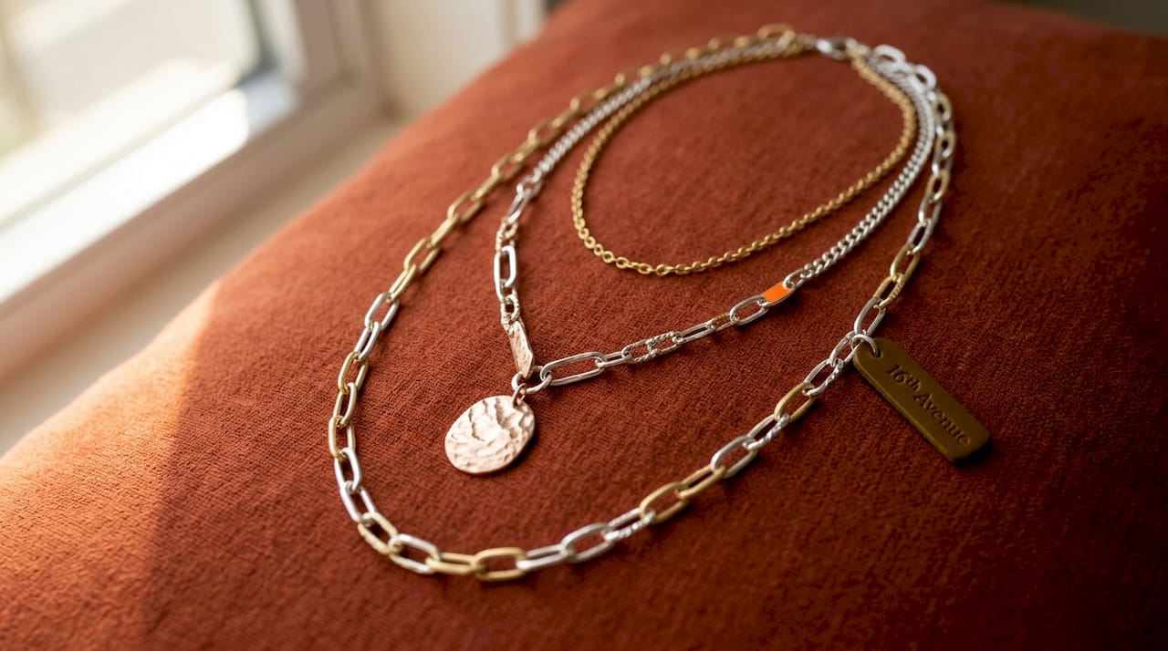 Three necklaces layered by length on linen