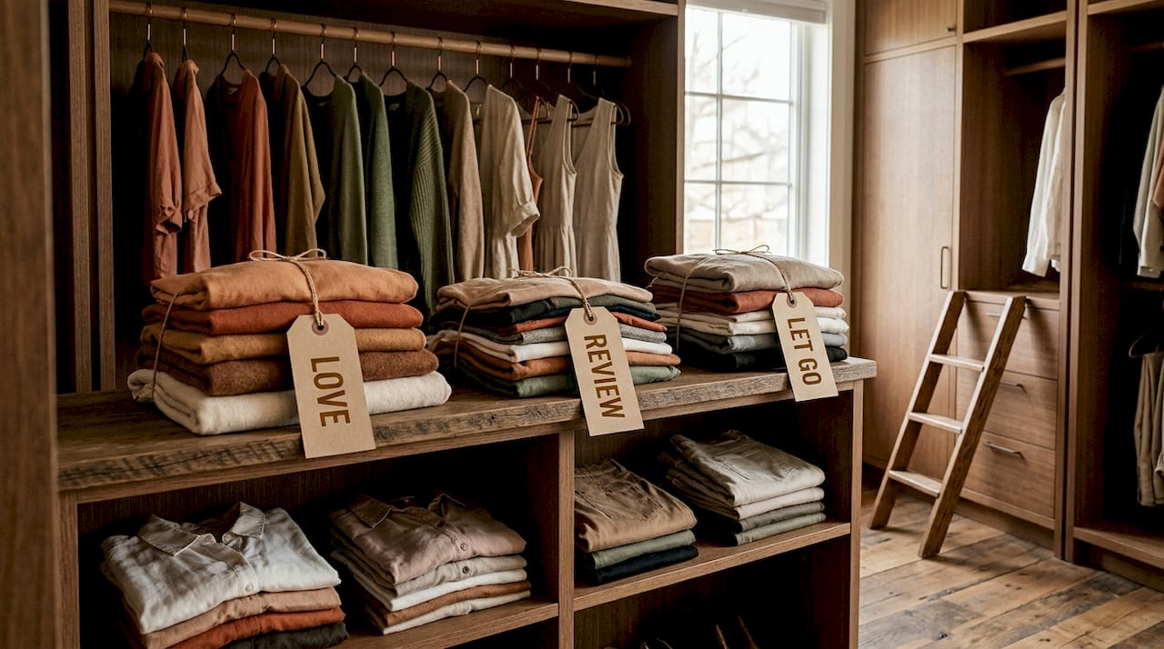 Sorted clothing piles in open closet