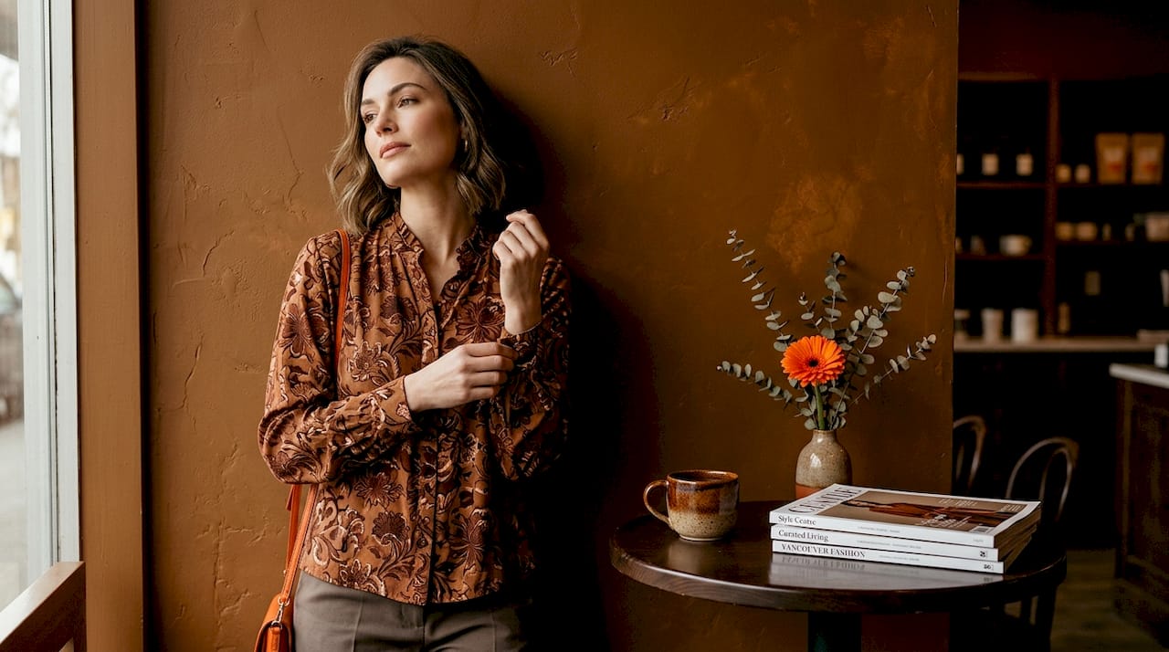 Model wearing bold patterned jacket indoors