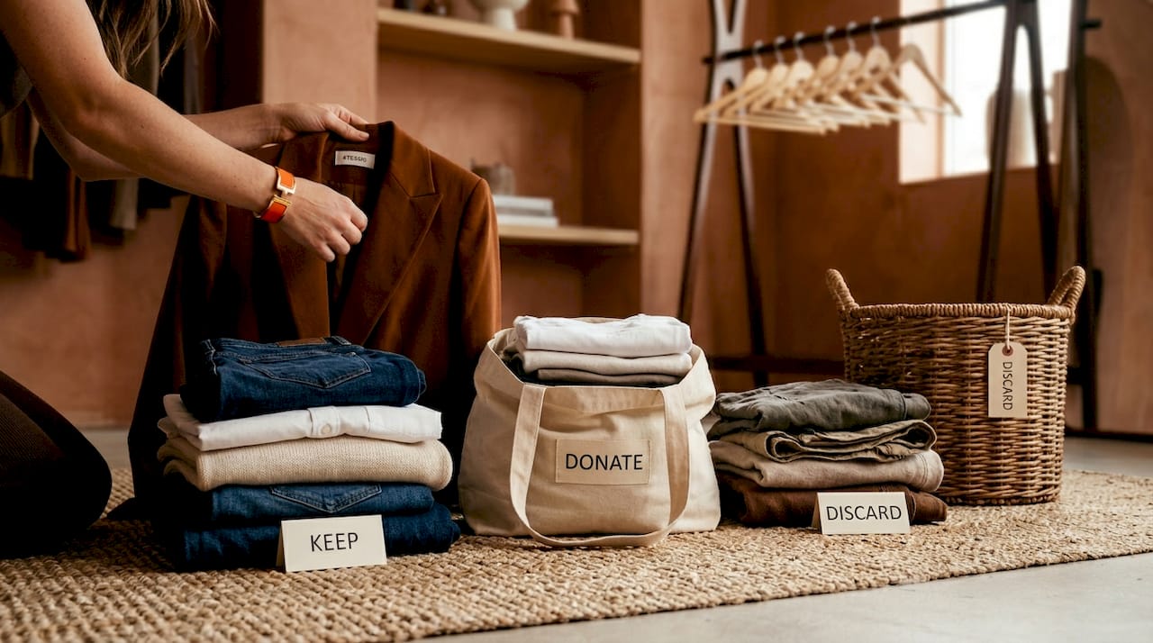Clothes sorted in keep donate discard piles