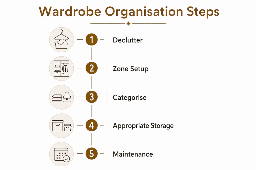 Infographic illustrating steps to organise wardrobe