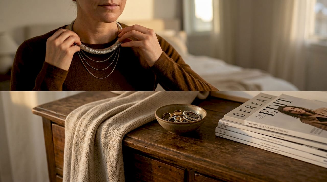 Hands adjusting layered necklaces with focal bold collar