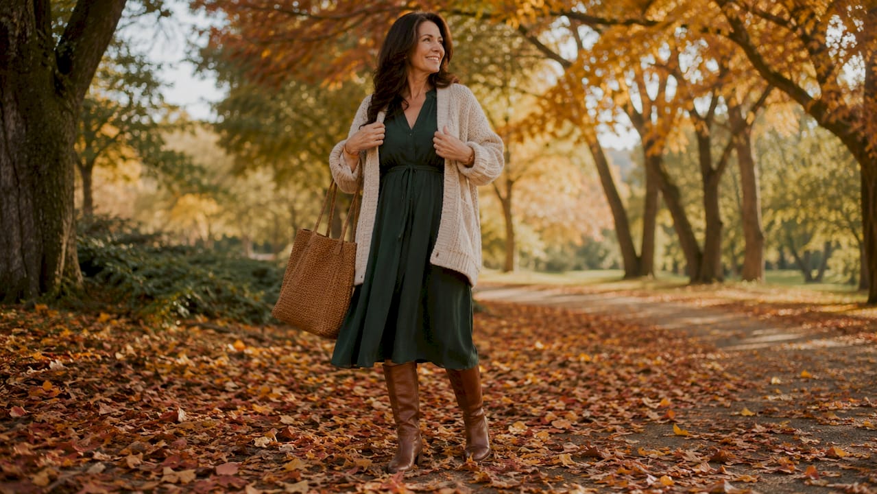 Woman layering dress with cardigan outdoors