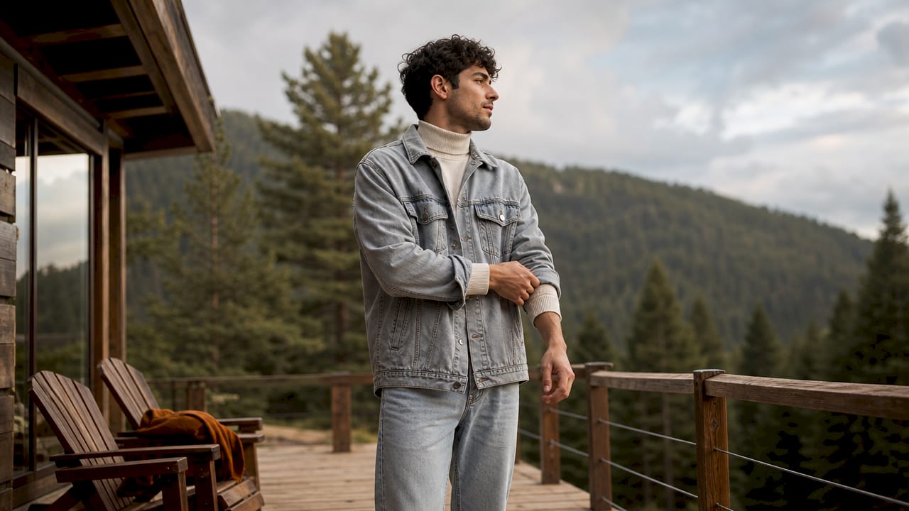 Young man styling 2026 denim trends outdoors