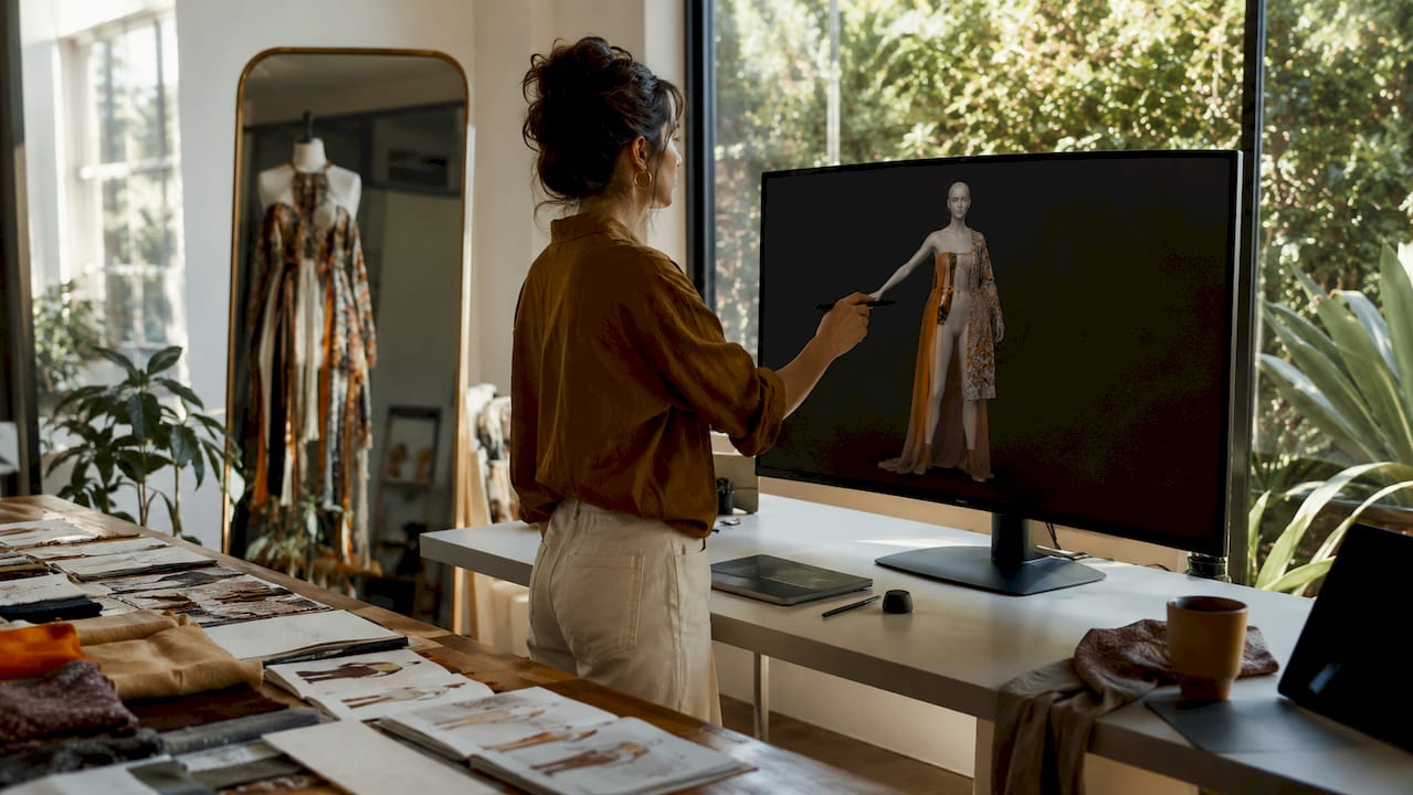 Hands adjusting digital garment on 3D avatar screen