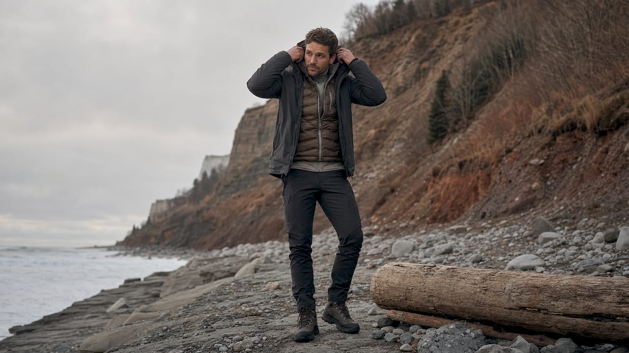 Man putting on winter hiking layers outdoors