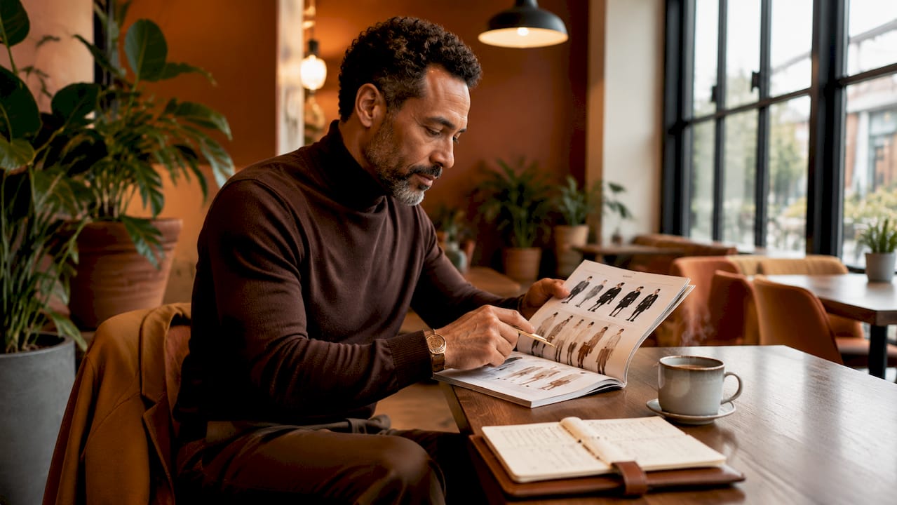 Overhead view of man studying fashion brand tiers