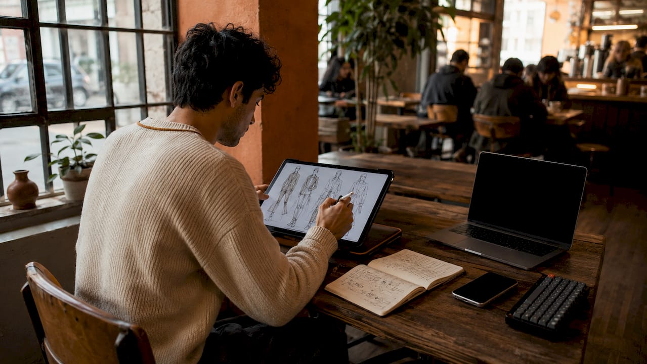 Man using laptop and digital tools for styling