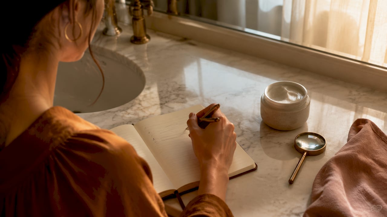 Hands writing skin concerns in notebook