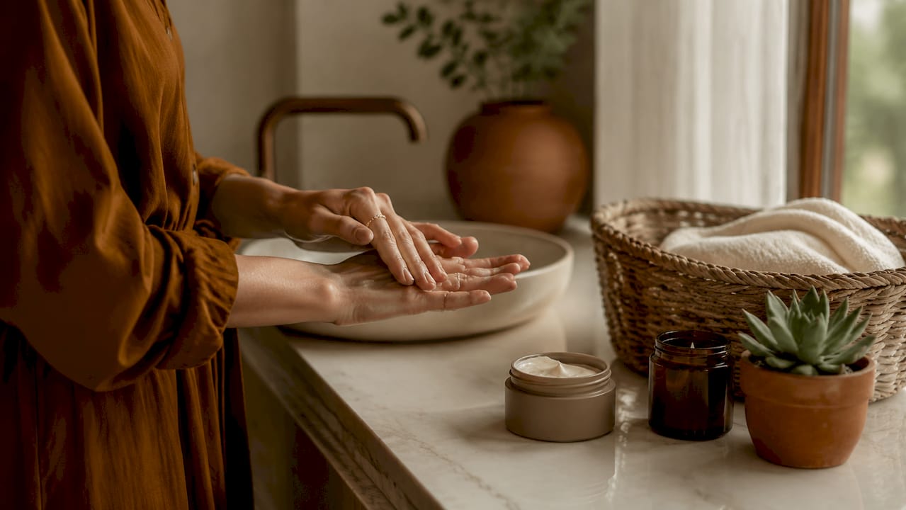 Hands dispensing gentle cleanser in bathroom