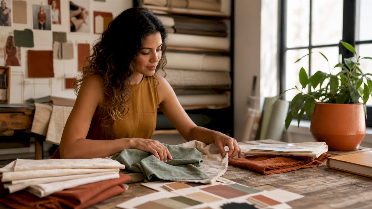 Hands touching wellness textile fabric samples