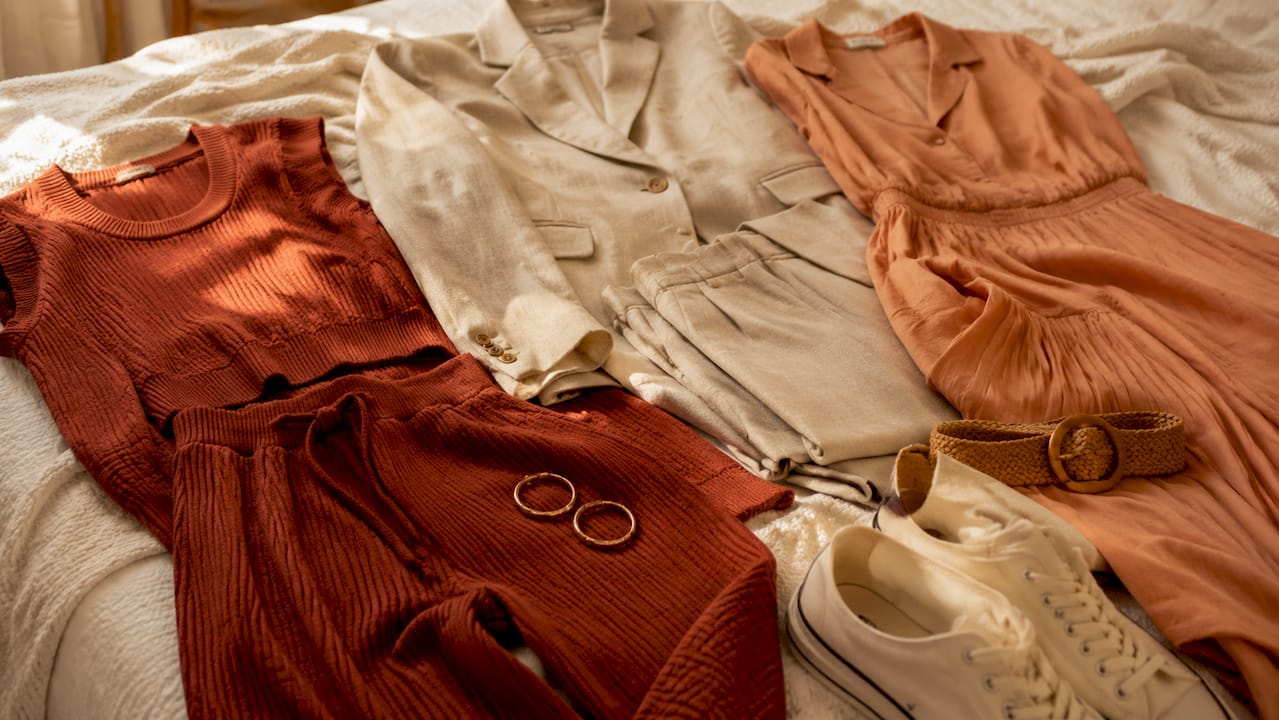 Flat lay of diverse matching sets with styling accessories