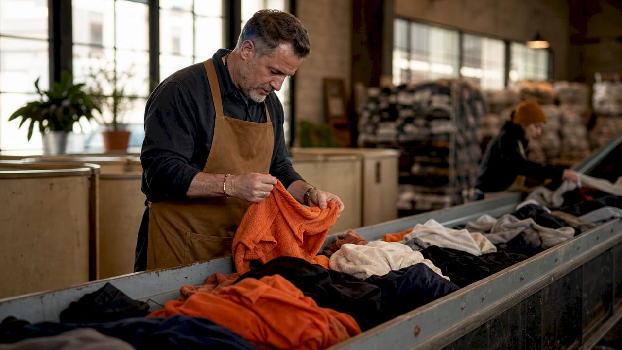 Sorting clothes at textile recycling facility