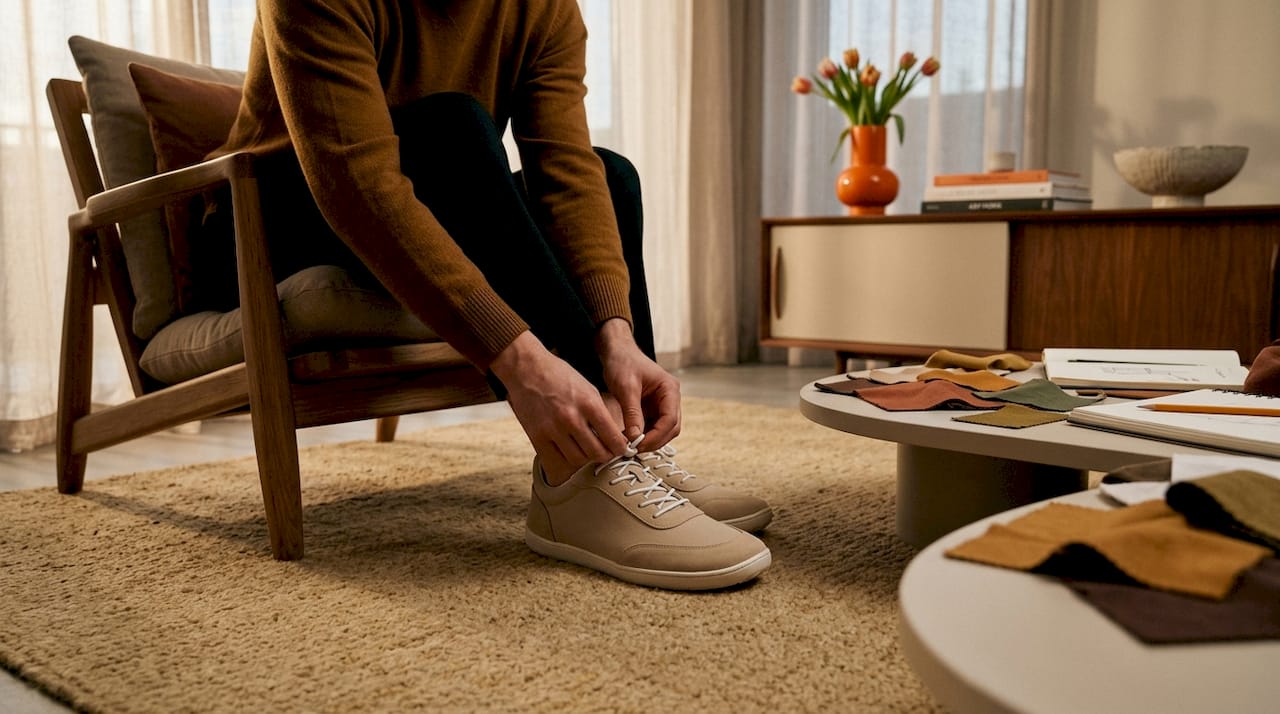 Hands adjusting adaptive sneakers in home