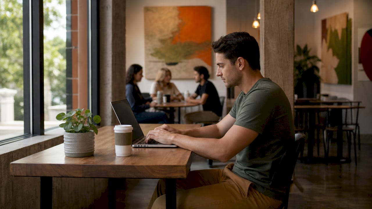 Young man ordering groceries online at desk
